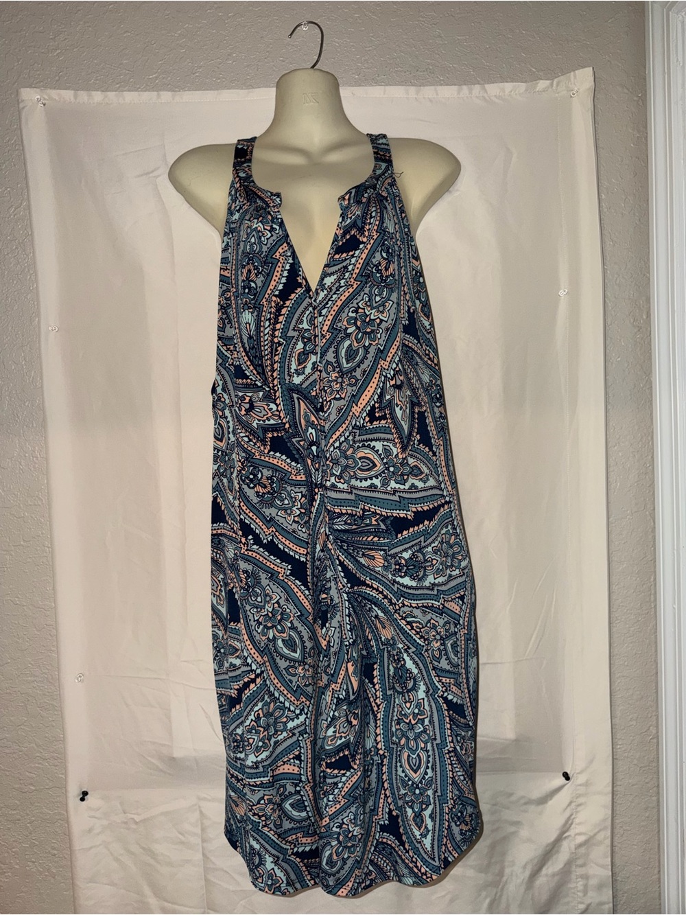 Banana Republic Navy and Light Blue Paisley Midi Dress with Peach Accents